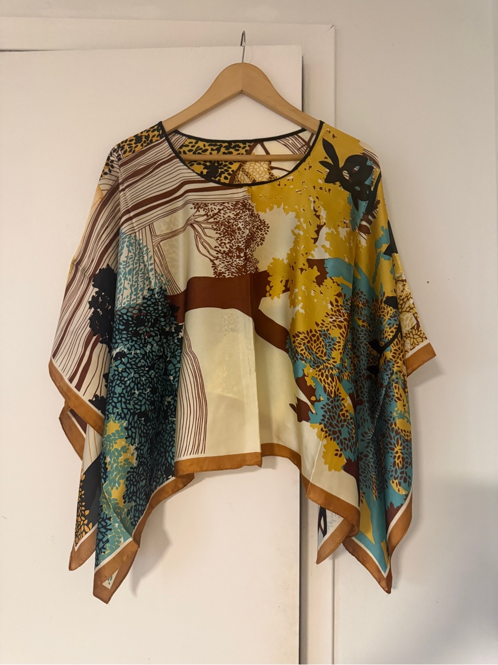 Boho Floral Print Silk Poncho Top - Mustard/Turquoise